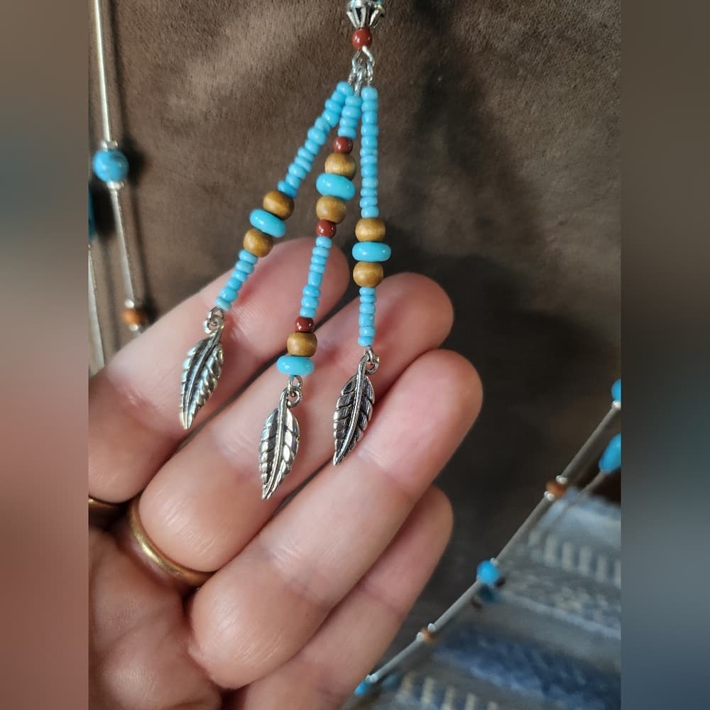 Silver Faux Turquoise And Tan Wood Beaded Necklace Bundle With Feather Accent - Thumbnail 7