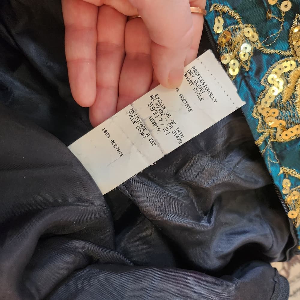 Vintage 80s Jessica McClintock Teal and Gold Rinestone Strapless Poofy Dress - Thumbnail 13