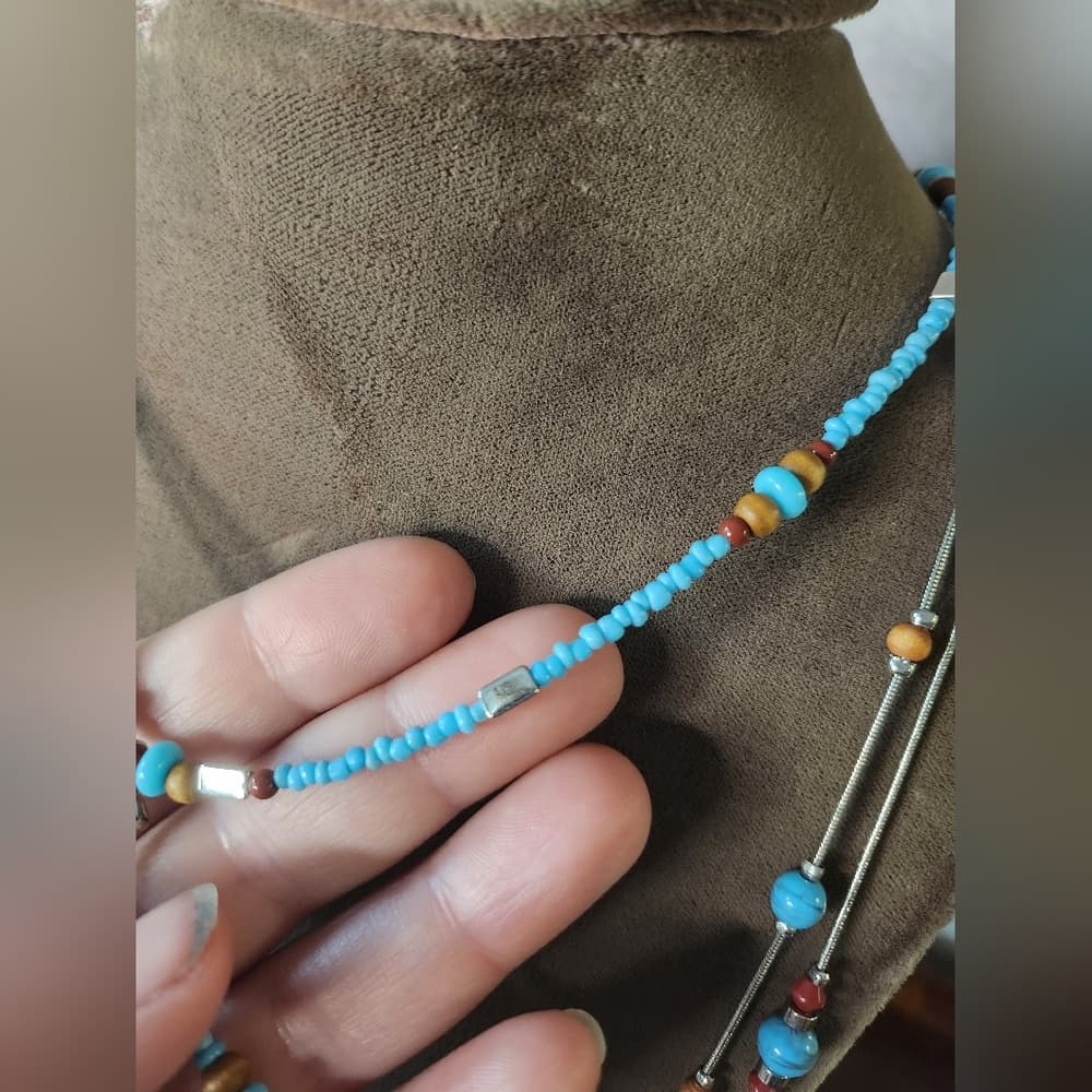 Silver Faux Turquoise And Tan Wood Beaded Necklace Bundle With Feather Accent - Thumbnail 6