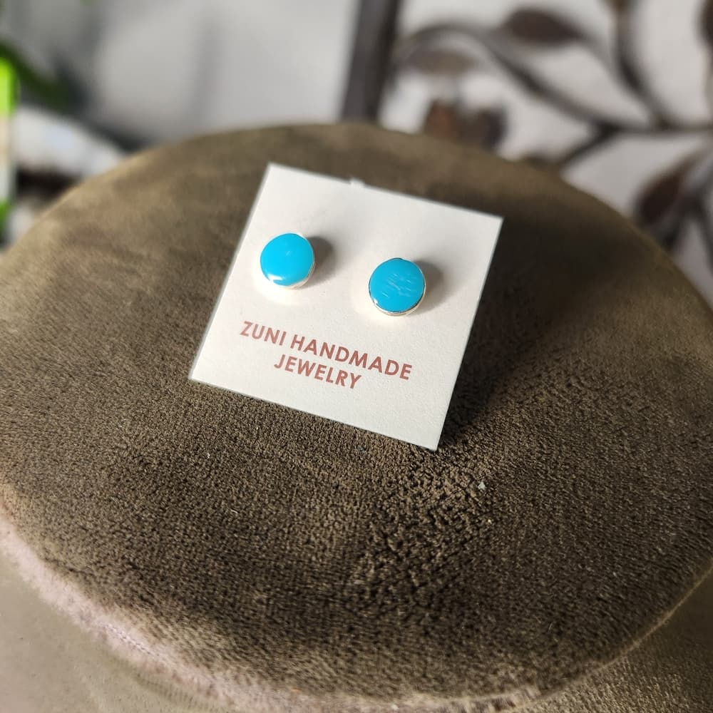 New Zuni Round Turquoise 925 Sterling Silver Stud Earrings Native Handmade - Thumbnail 9