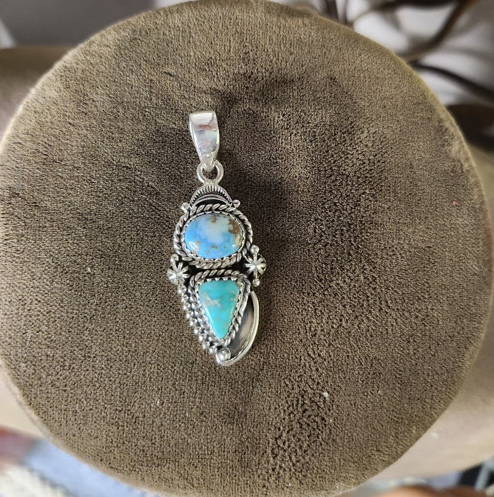 White Water + Golden Hills Turquoise Closed Back Sterling Silver Artisan Pendant - Thumbnail 9