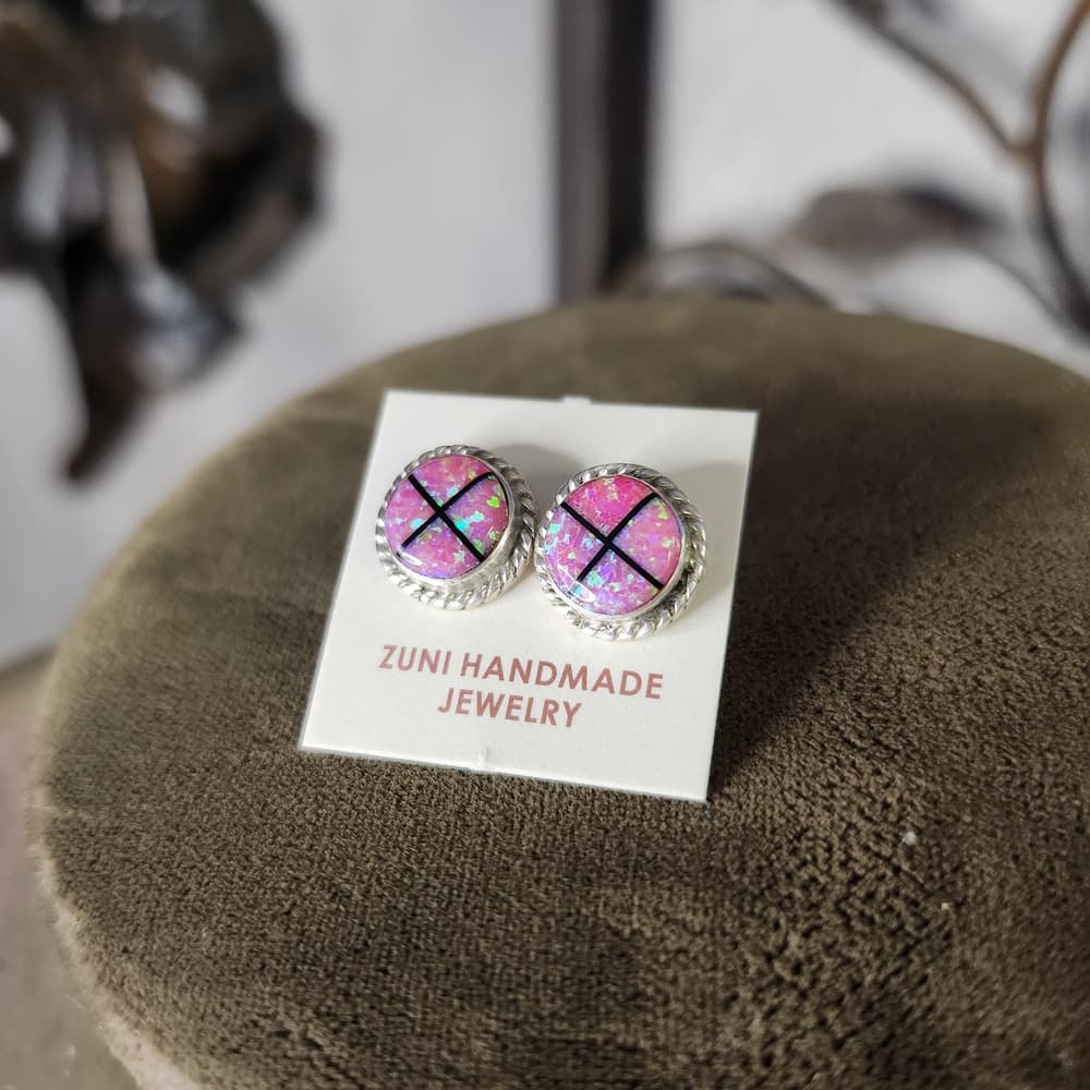 Zuni Handmade Pink Opal Inlay Stud Earrings | Sterling Silver | Southwestern - Thumbnail 6