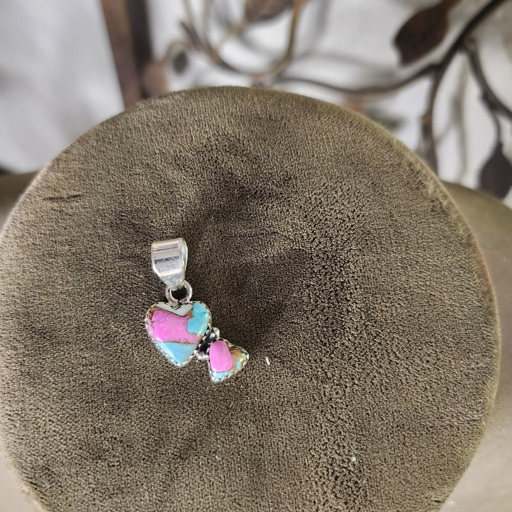 New Cotton Candy Turquoise Double Heart Sterling Silver Pendant | Charm - Thumbnail 8