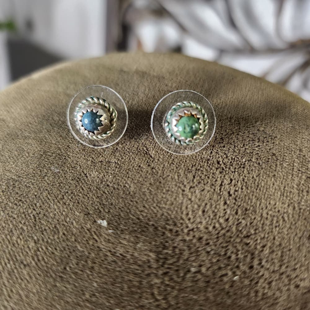 Vintage Sterling Silver Turquoise Green Blue Southwestern Rope Stud Earrings - Thumbnail 10