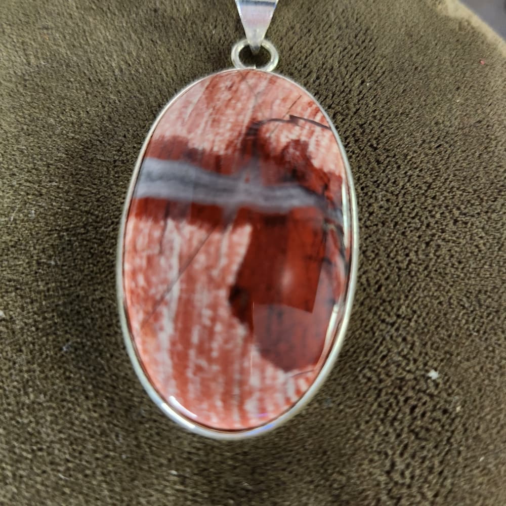New- Oval Red Jasper Stone Sterling Silver Open Back Pendant