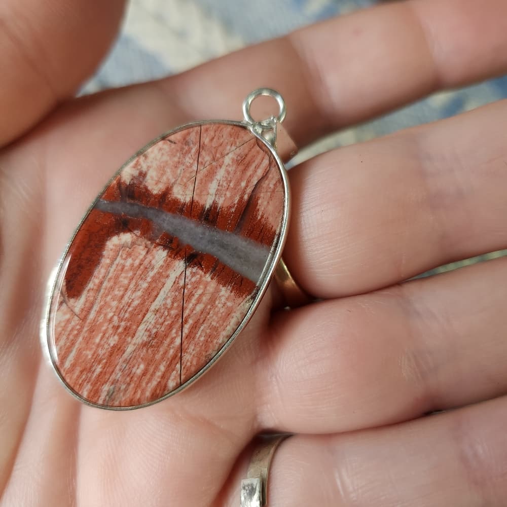 New- Oval Red Jasper Stone Sterling Silver Open Back Pendant - Thumbnail 4