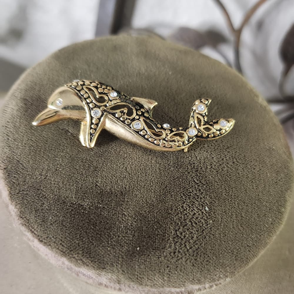 Vintage Steinmetz & Sons Gold Tone Dolphin Brooch with Clear Rhinestome Accents