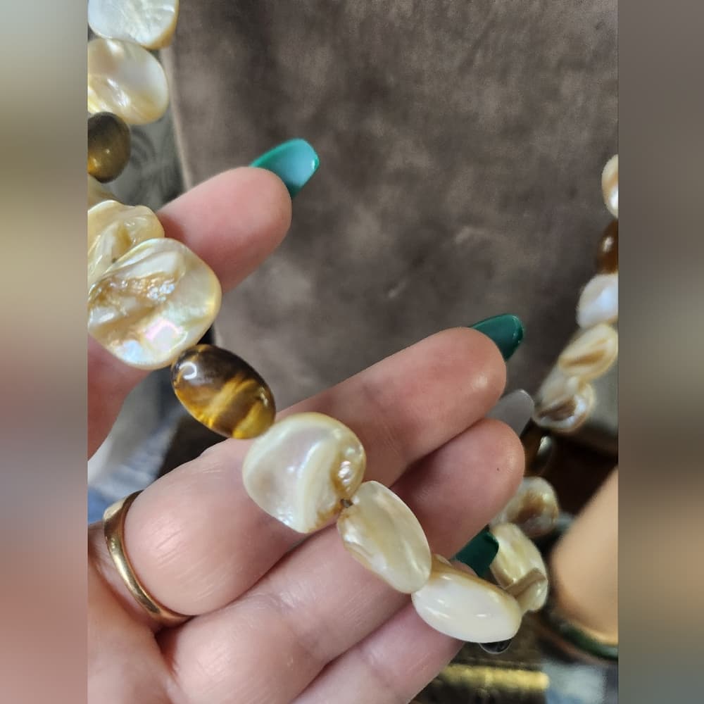 Creamy Shell & Tiger’s Eye Necklace | 925 Sterling Silver Clasp | Boho Luxe