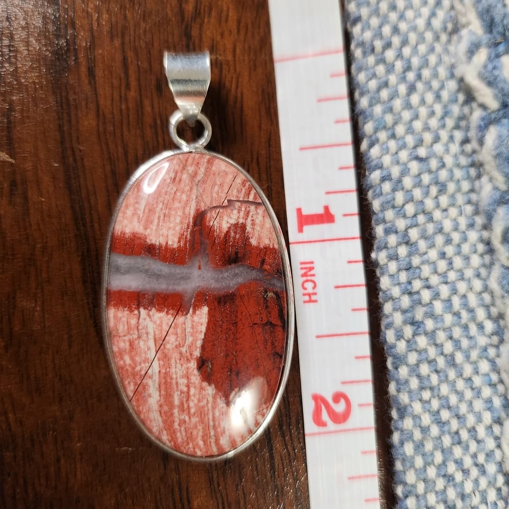 New- Oval Red Jasper Stone Sterling Silver Open Back Pendant - Thumbnail 9