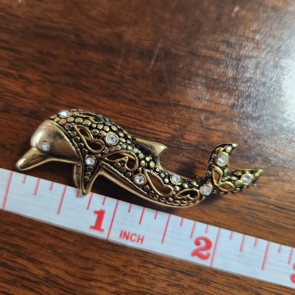 Vintage Steinmetz & Sons Gold Tone Dolphin Brooch with Clear Rhinestome Accents - Thumbnail 5