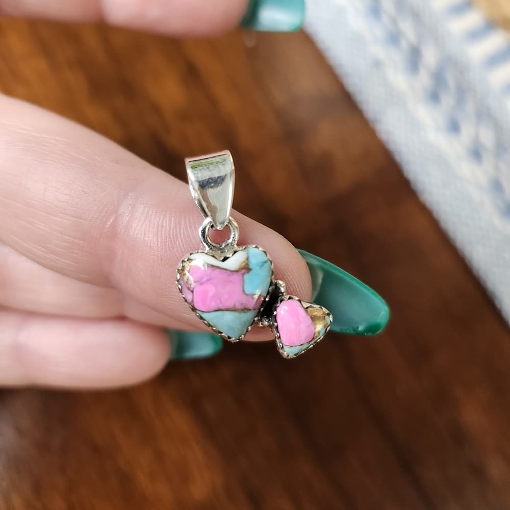 New Cotton Candy Turquoise Double Heart Sterling Silver Pendant | Charm - Thumbnail 2