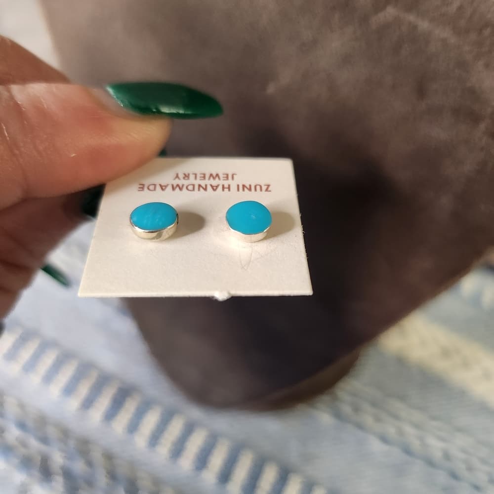 New Zuni Round Turquoise 925 Sterling Silver Stud Earrings Native Handmade - Thumbnail 7