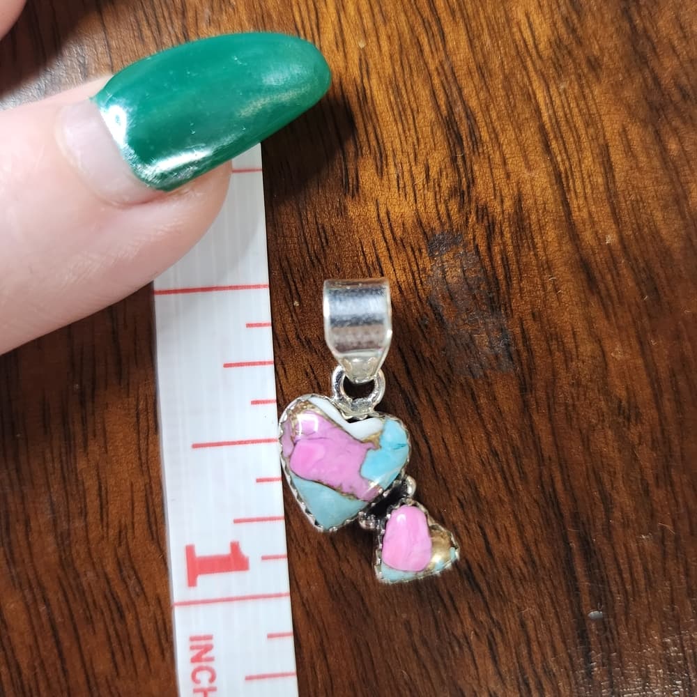 New Cotton Candy Turquoise Double Heart Sterling Silver Pendant | Charm - Thumbnail 6