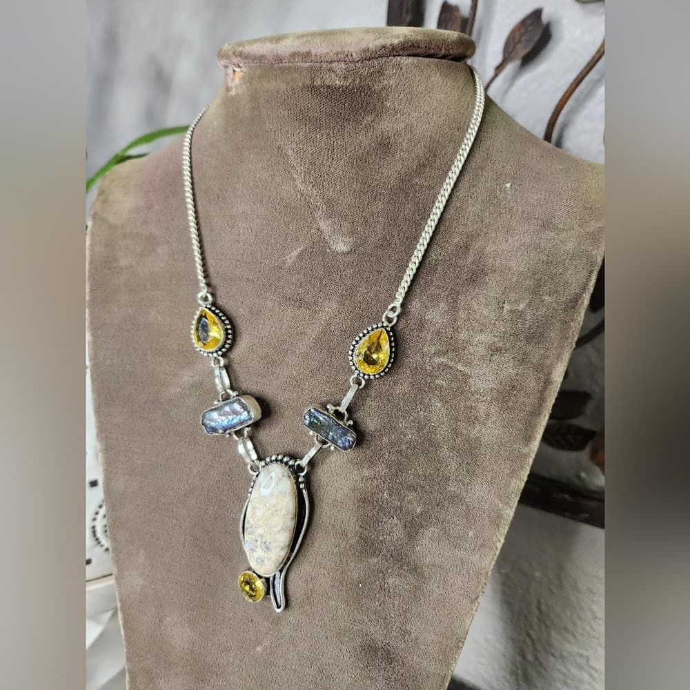925 Sterling Silver Artisan Gemstone Statement Necklace Petoskey Stone Boho - Thumbnail 10