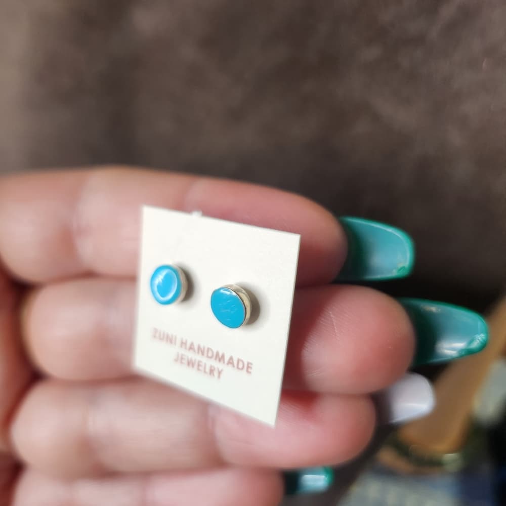 New Zuni Round Turquoise 925 Sterling Silver Stud Earrings Native Handmade - Thumbnail 3