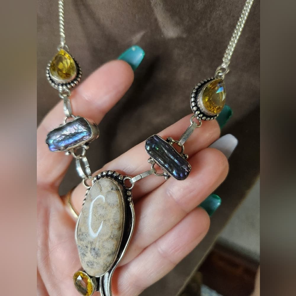 925 Sterling Silver Artisan Gemstone Statement Necklace Petoskey Stone Boho