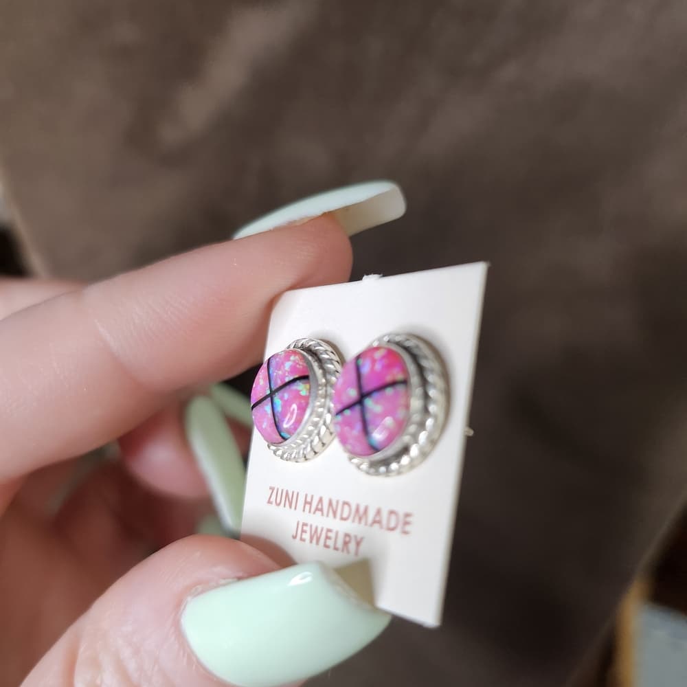 Zuni Handmade Pink Opal Inlay Stud Earrings | Sterling Silver | Southwestern - Thumbnail 3
