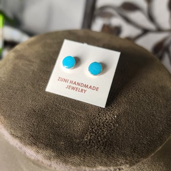 New Zuni Round Turquoise 925 Sterling Silver Stud Earrings Native Handmade - Thumbnail 10