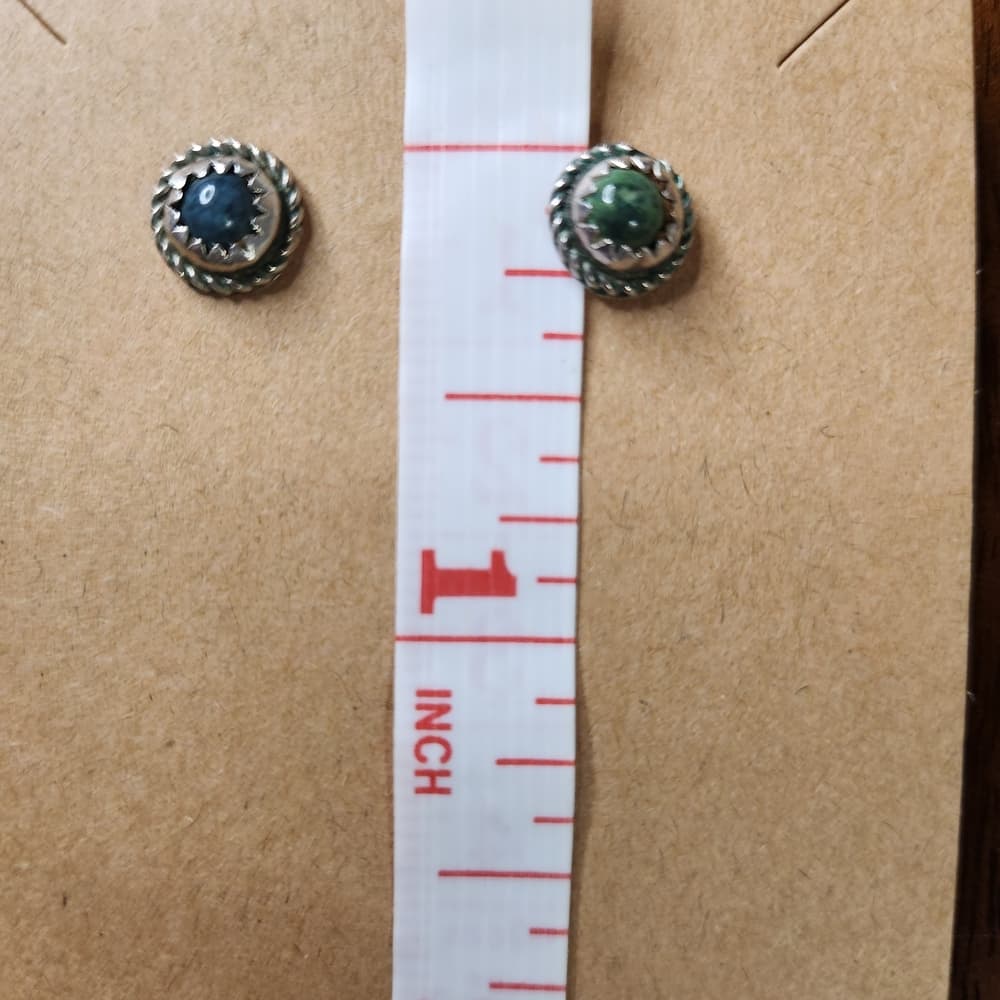 Vintage Sterling Silver Turquoise Green Blue Southwestern Rope Stud Earrings - Thumbnail 9