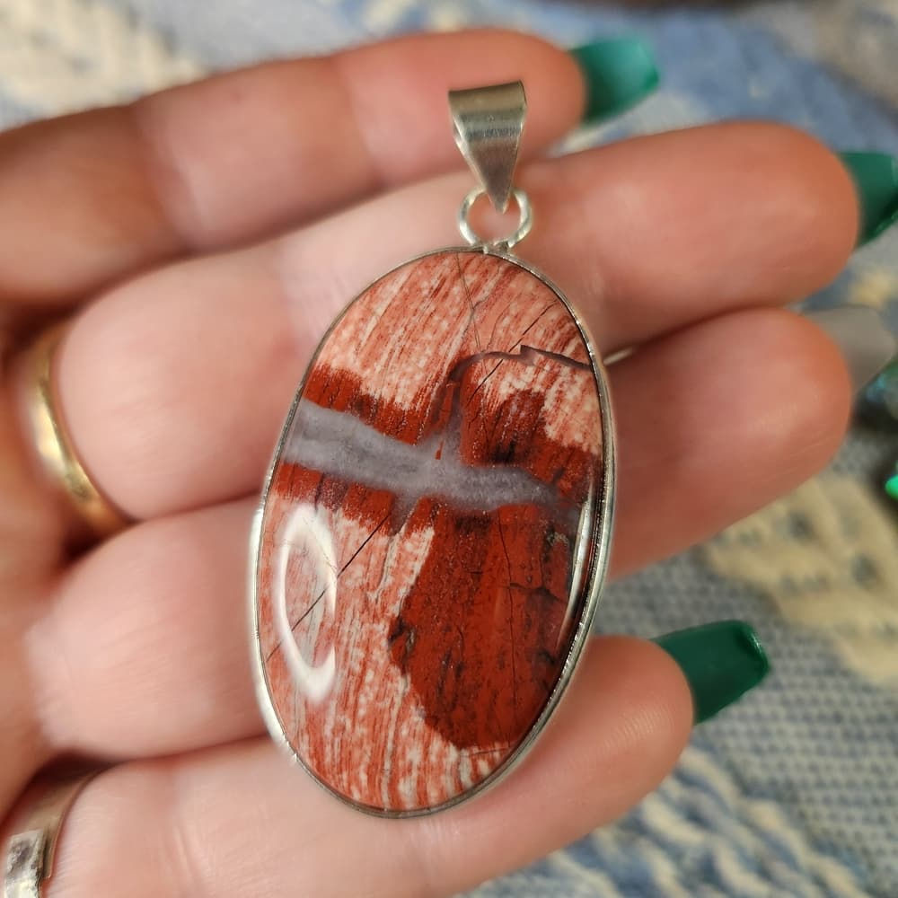New- Oval Red Jasper Stone Sterling Silver Open Back Pendant - Thumbnail 3