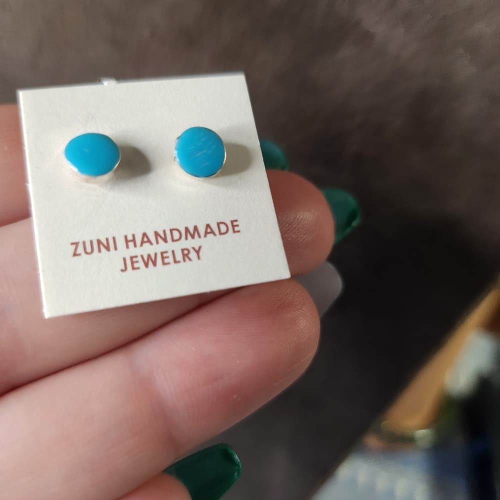 New Zuni Round Turquoise 925 Sterling Silver Stud Earrings Native Handmade - Thumbnail 2