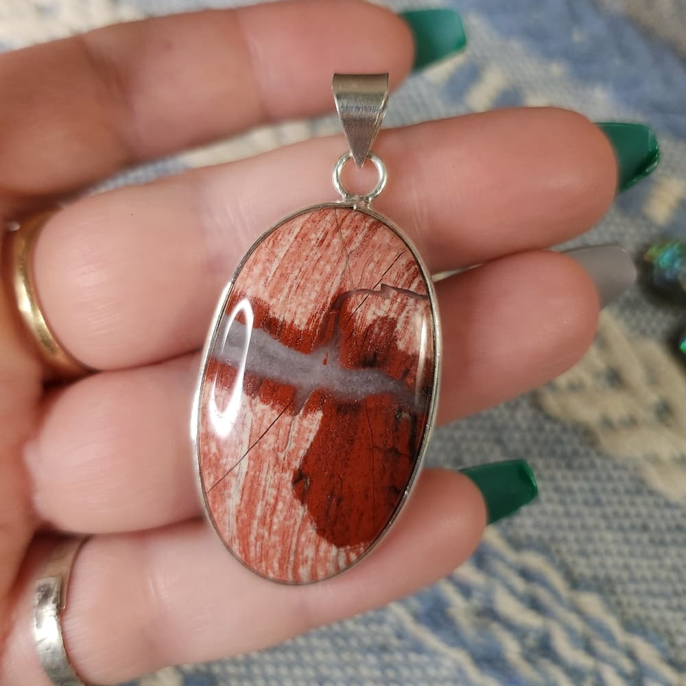 New- Oval Red Jasper Stone Sterling Silver Open Back Pendant - Thumbnail 2