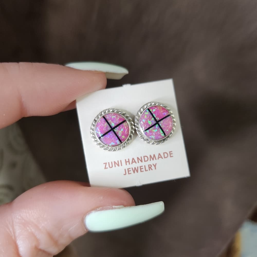 Zuni Handmade Pink Opal Inlay Stud Earrings | Sterling Silver | Southwestern - Thumbnail 2