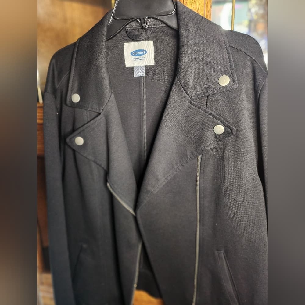 Old Navy Women's Black Biker Style Jacket with Silver Details - Thumbnail 2
