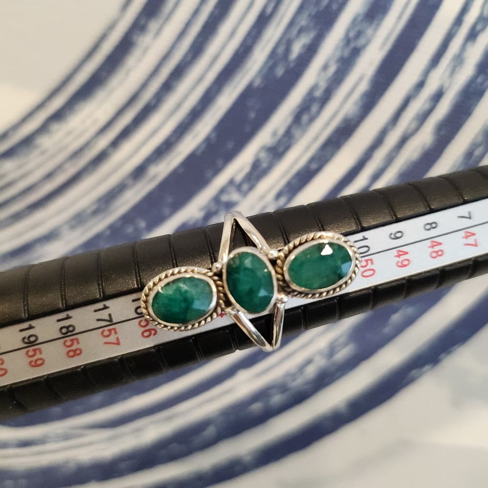 Faceted Triple Emerald Sterling Silver Ring 925 | Size 6.5 | Elegant Stackable