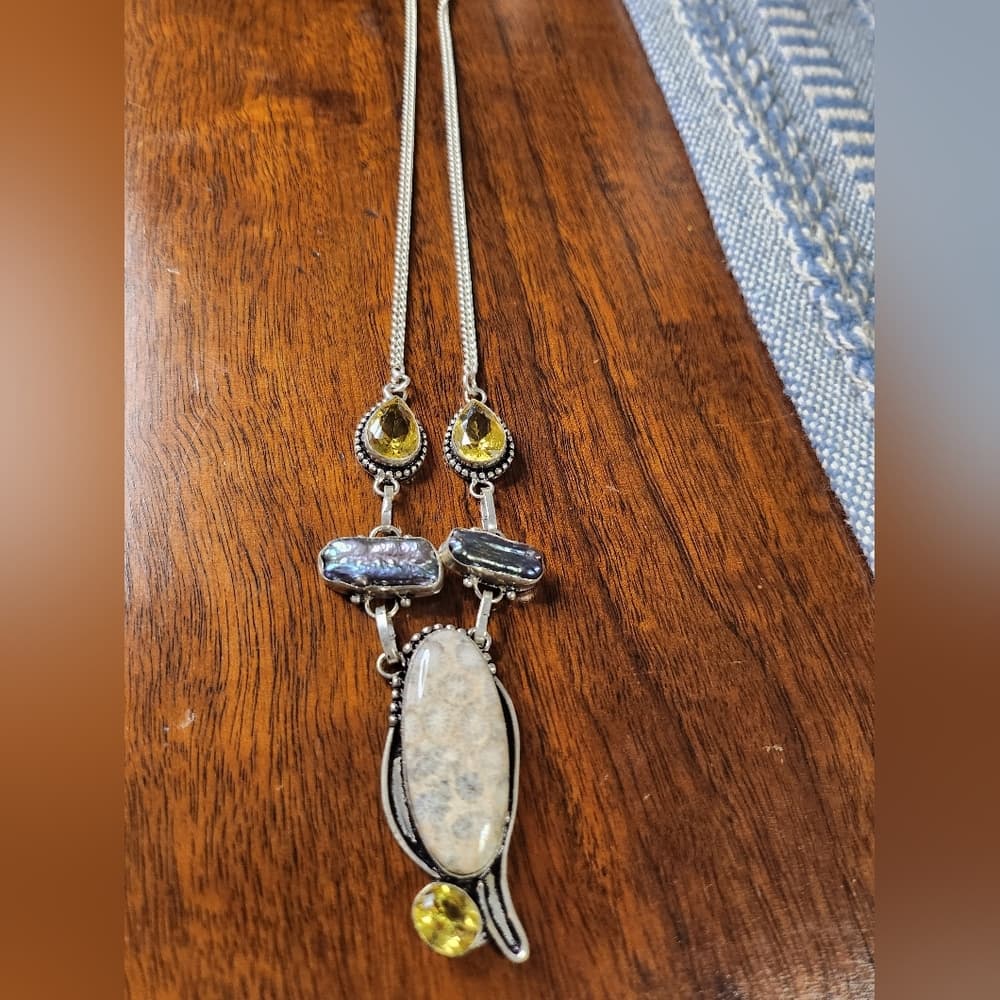 925 Sterling Silver Artisan Gemstone Statement Necklace Petoskey Stone Boho - Thumbnail 5