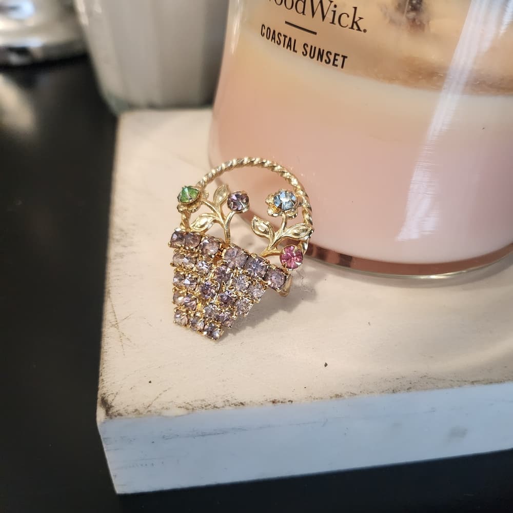 Vintage Pastel Rhinestone Floral Cottagecore Basket Gold Tone Brooch - Thumbnail 4