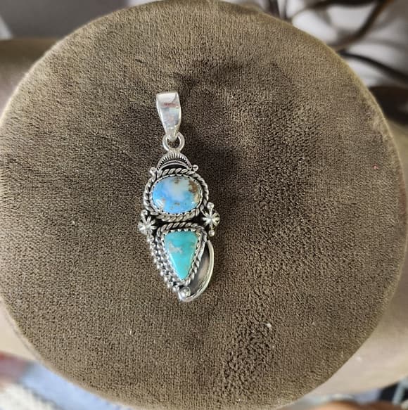 White Water + Golden Hills Turquoise Closed Back Sterling Silver Artisan Pendant - Thumbnail 10