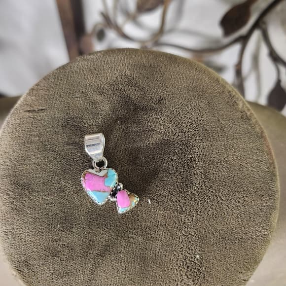 New Cotton Candy Turquoise Double Heart Sterling Silver Pendant | Charm - Thumbnail 9