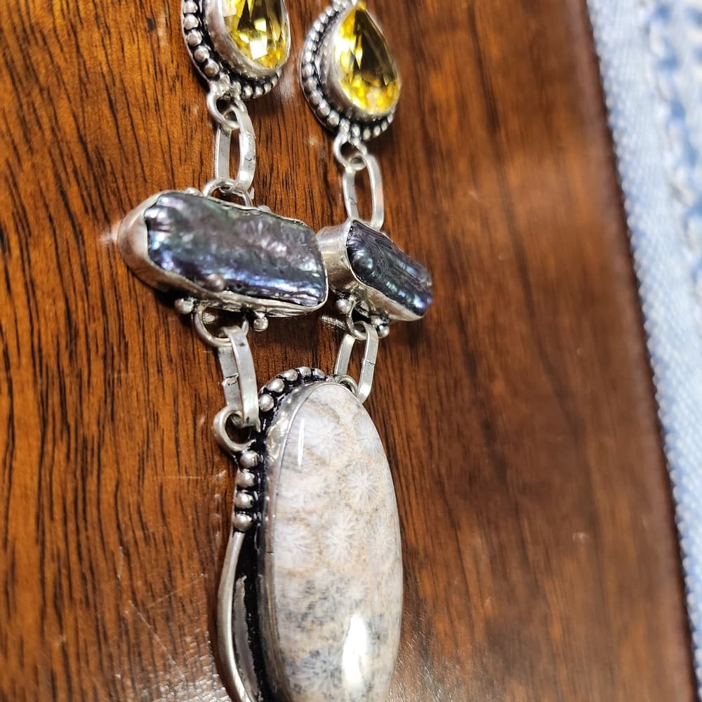 925 Sterling Silver Artisan Gemstone Statement Necklace Petoskey Stone Boho - Thumbnail 6