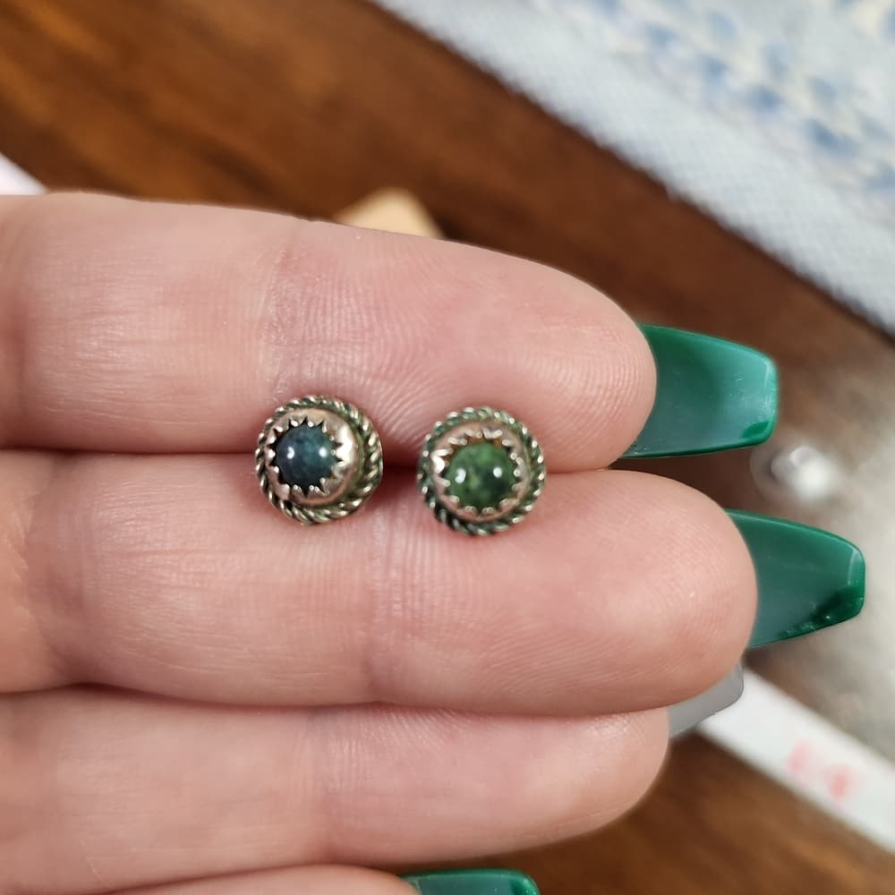Vintage Sterling Silver Turquoise Green Blue Southwestern Rope Stud Earrings - Thumbnail 4