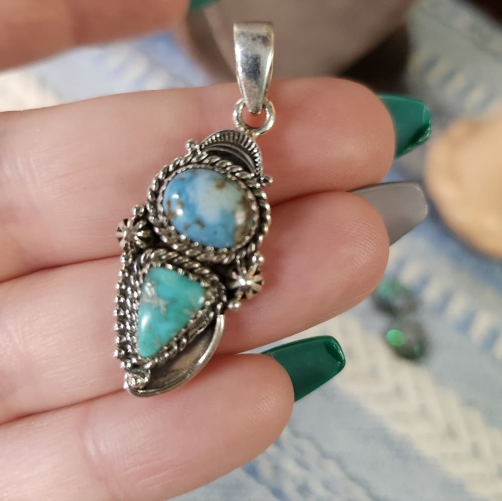 White Water + Golden Hills Turquoise Closed Back Sterling Silver Artisan Pendant - Thumbnail 2