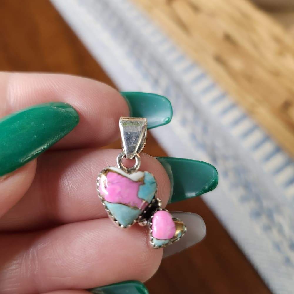 New Cotton Candy Turquoise Double Heart Sterling Silver Pendant | Charm - Thumbnail 3