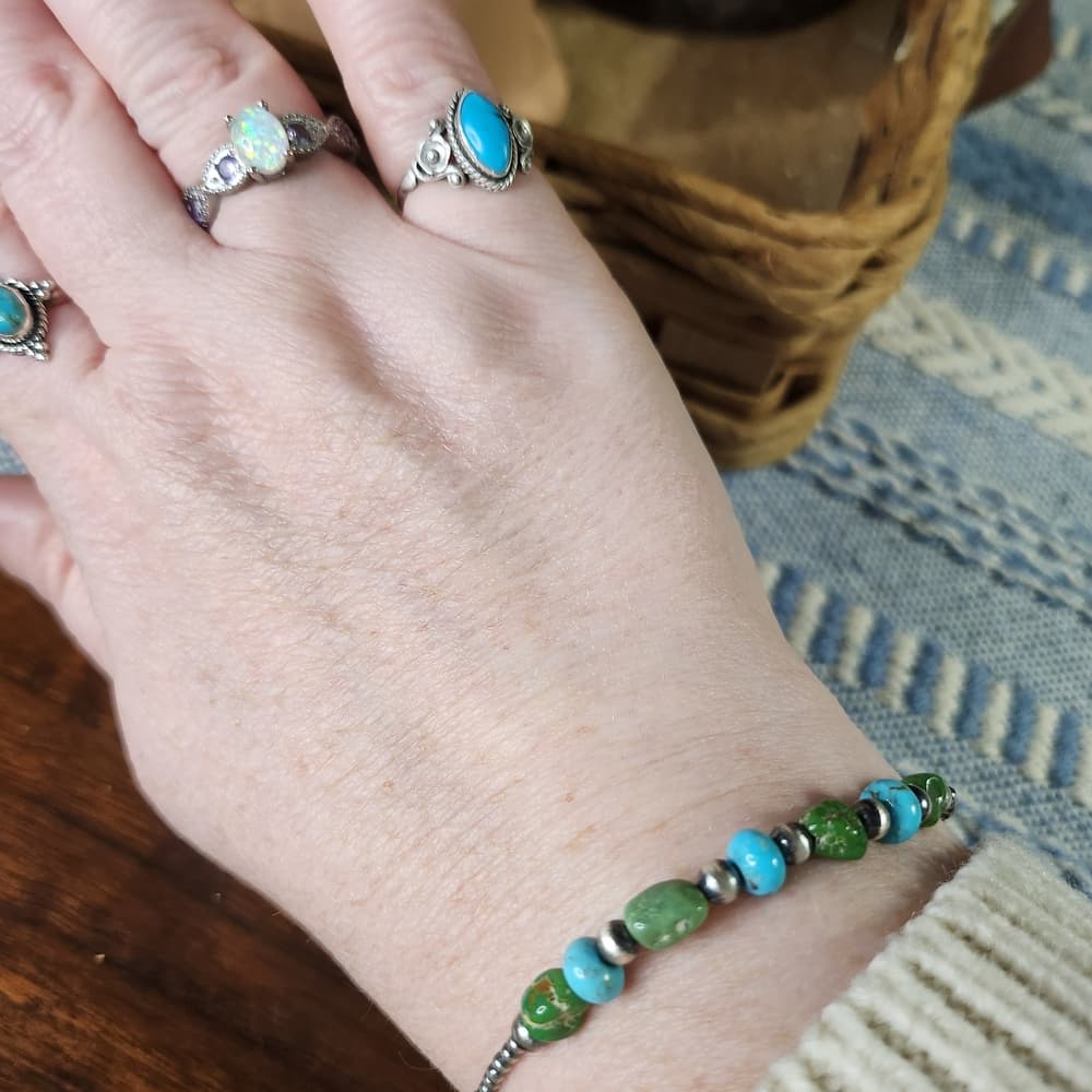 Sonoran Gold Turquoise & Sterling “Desert Pearl” Bracelet | Southwestern Stacker - Thumbnail 5