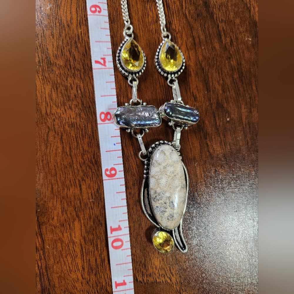 925 Sterling Silver Artisan Gemstone Statement Necklace Petoskey Stone Boho - Thumbnail 8