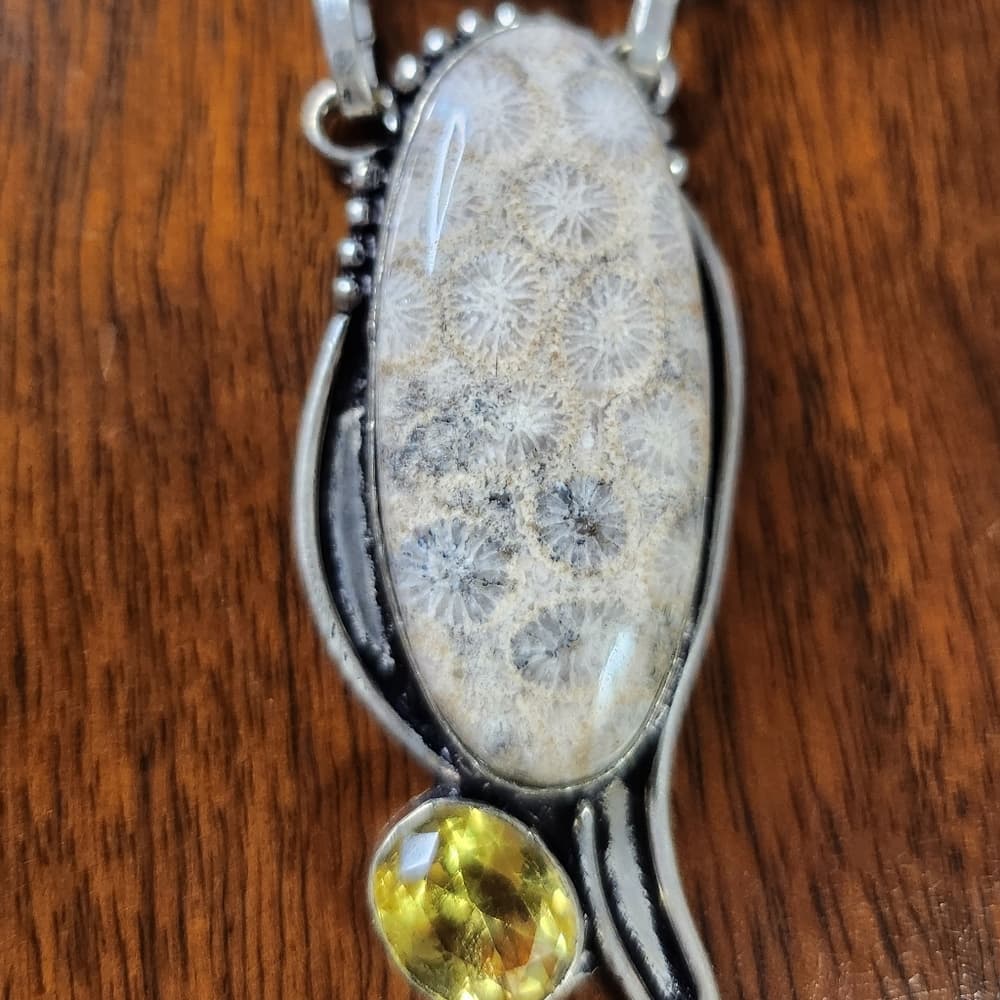 925 Sterling Silver Artisan Gemstone Statement Necklace Petoskey Stone Boho - Thumbnail 7