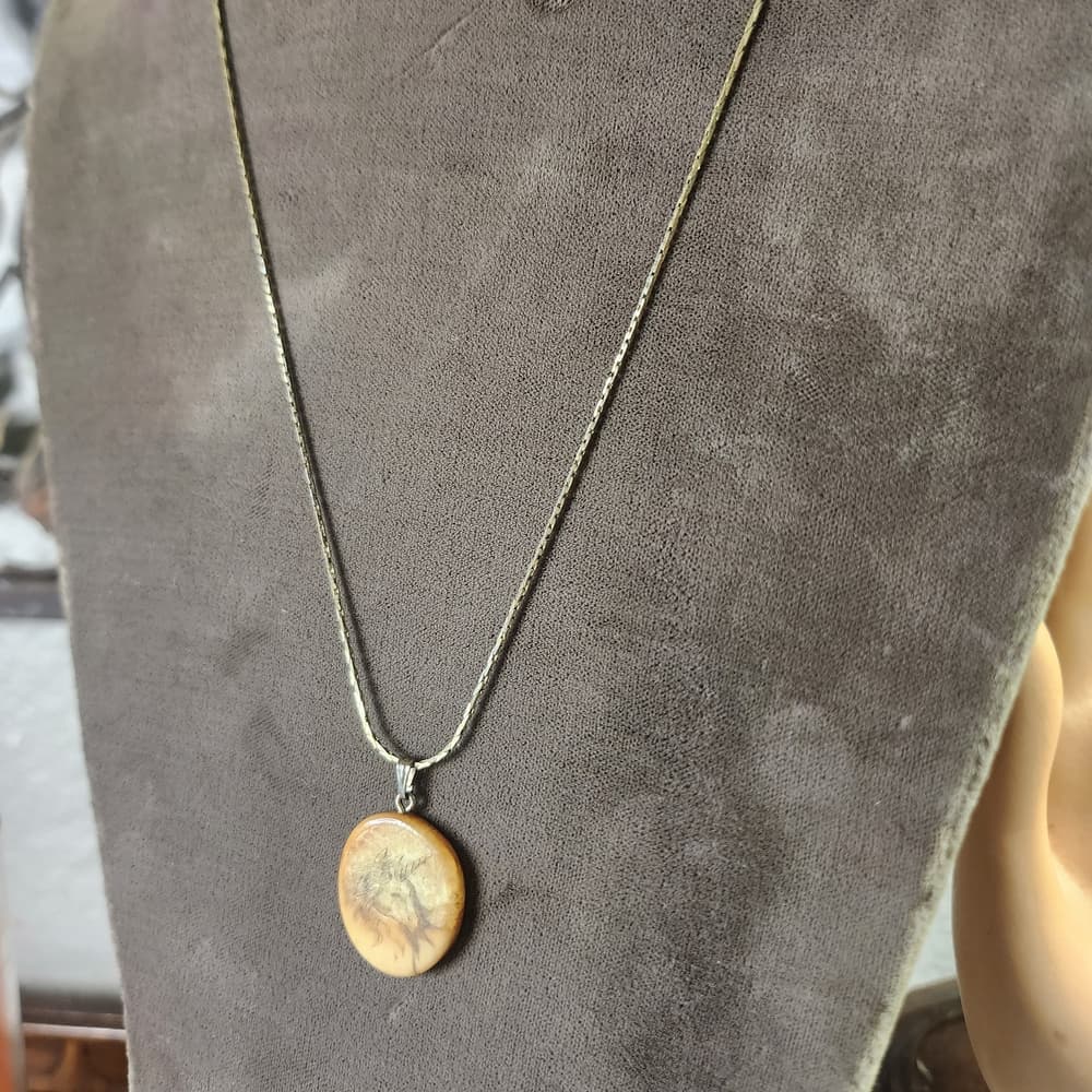 Beautiful And Rare Vintage Scrimshaw Unicorn On Antler Slice Pendant Necklace