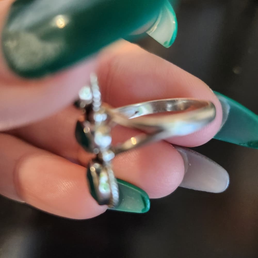 Faceted Triple Emerald Sterling Silver Ring 925 | Size 6.5 | Elegant Stackable - Thumbnail 5