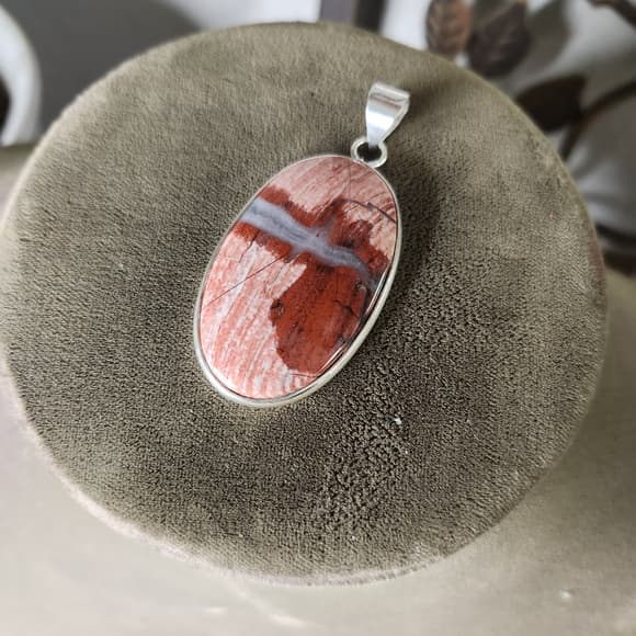 New- Oval Red Jasper Stone Sterling Silver Open Back Pendant - Thumbnail 12