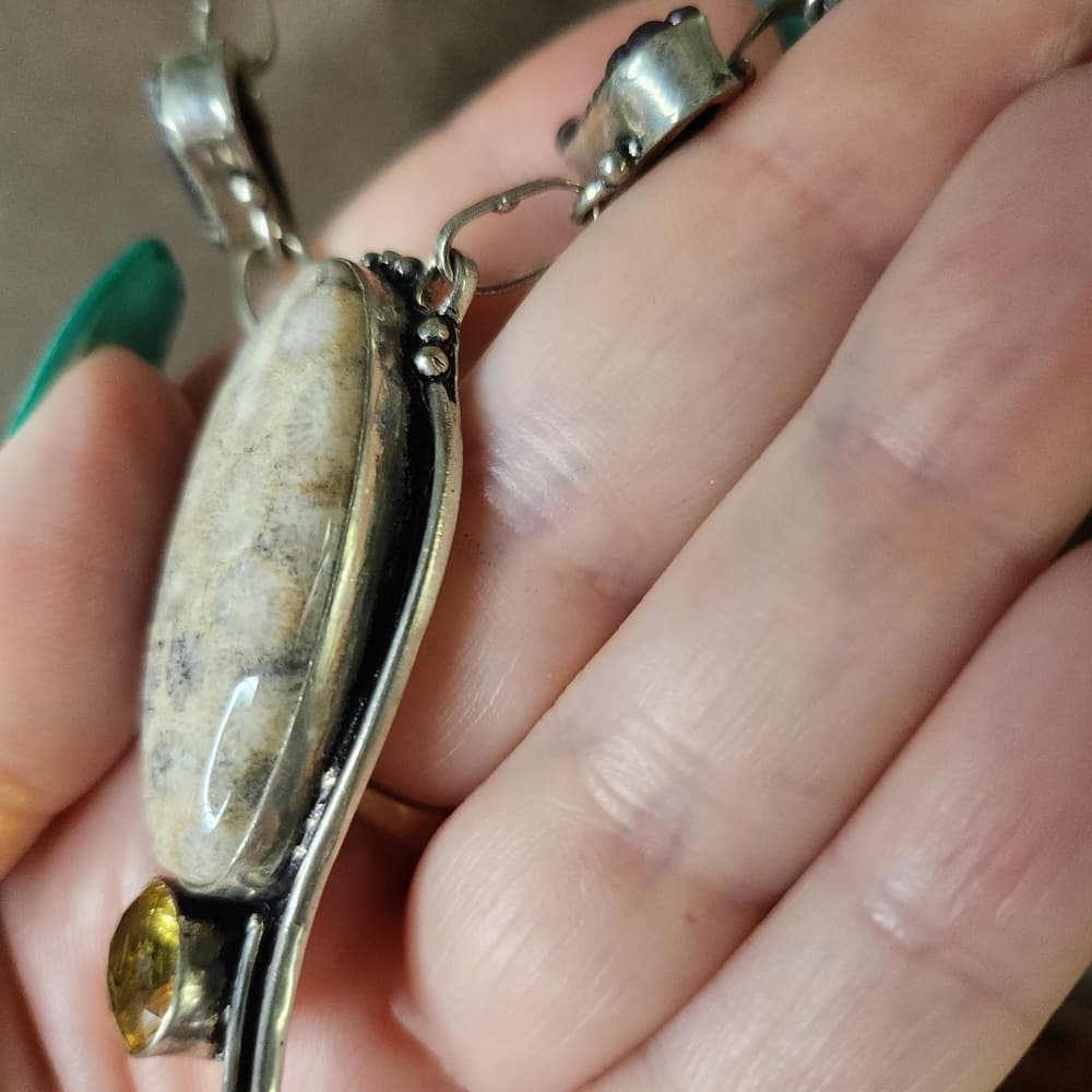 925 Sterling Silver Artisan Gemstone Statement Necklace Petoskey Stone Boho - Thumbnail 3