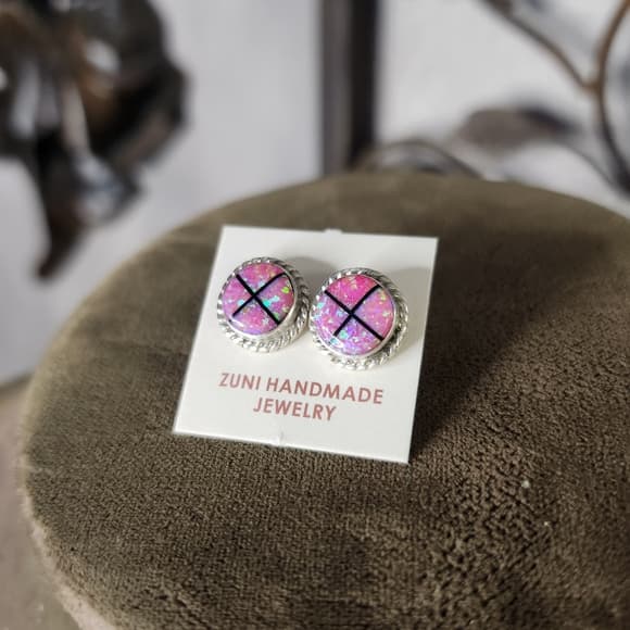 Zuni Handmade Pink Opal Inlay Stud Earrings | Sterling Silver | Southwestern - Thumbnail 7