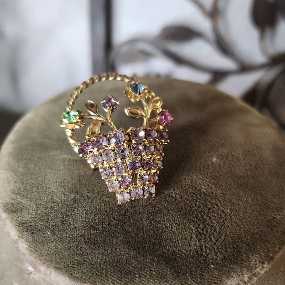Vintage Pastel Rhinestone Floral Cottagecore Basket Gold Tone Brooch