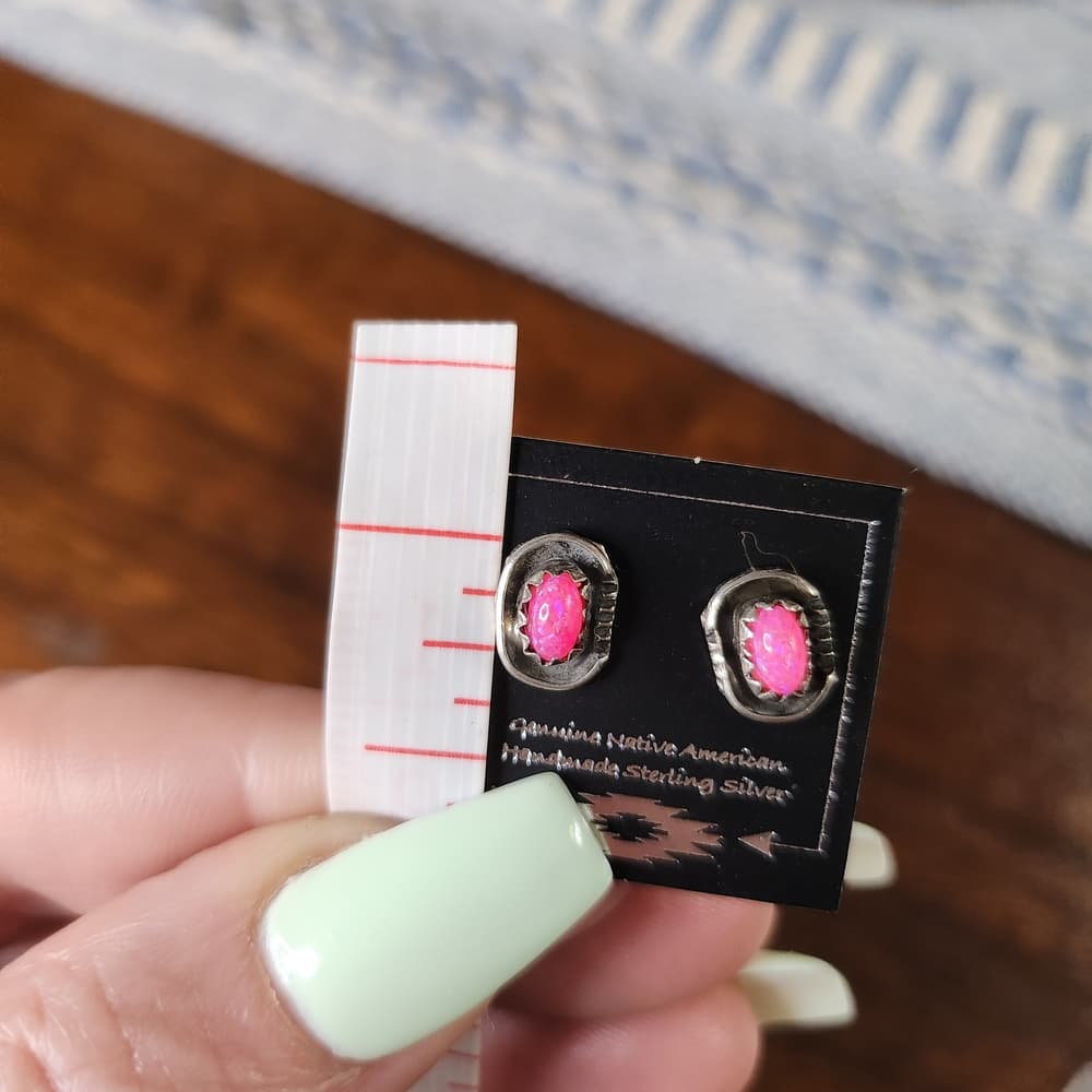 Sterling Silver Pink Aurora Opal Stud Earrings | Native | Handmade Southwestern - Thumbnail 4