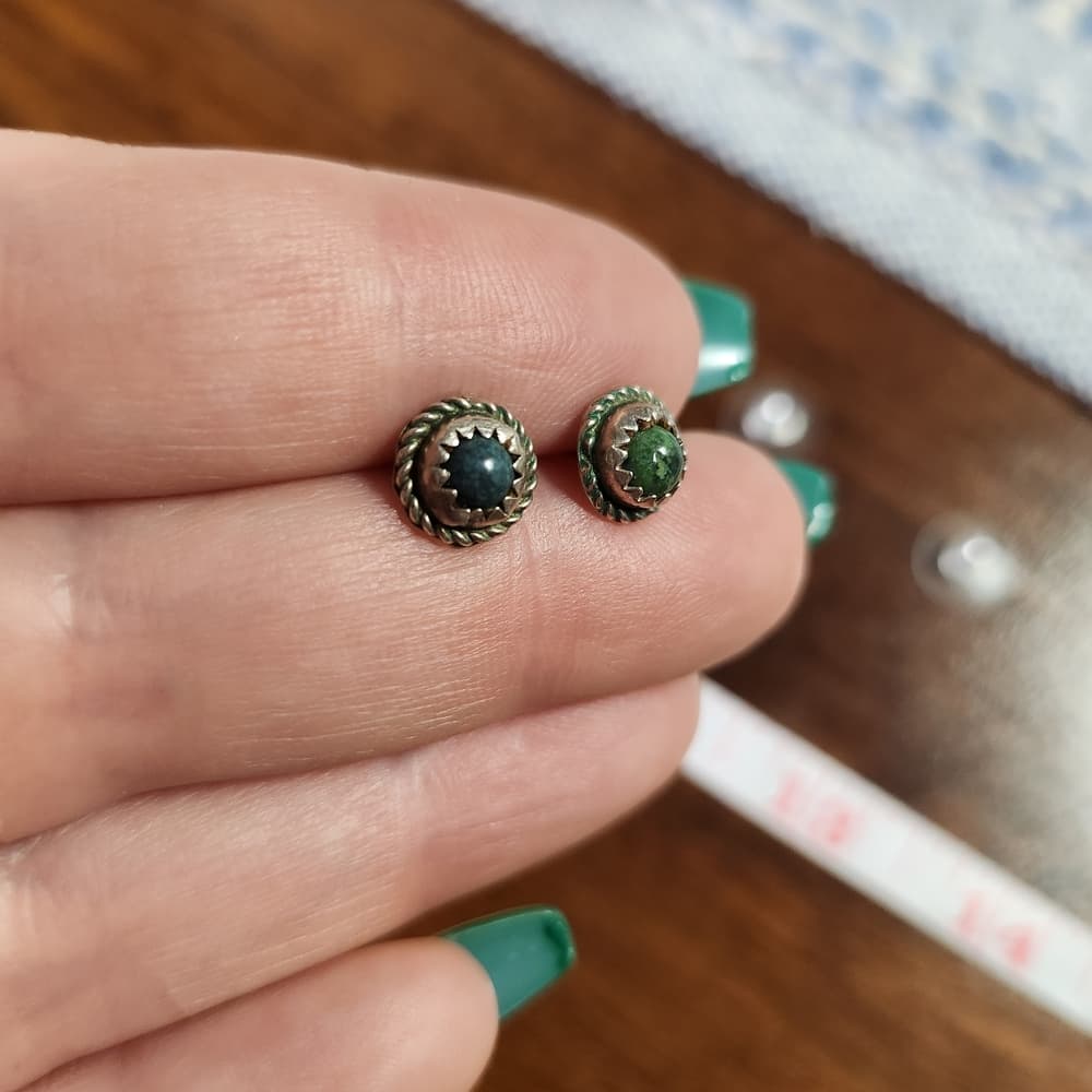 Vintage Sterling Silver Turquoise Green Blue Southwestern Rope Stud Earrings - Thumbnail 5