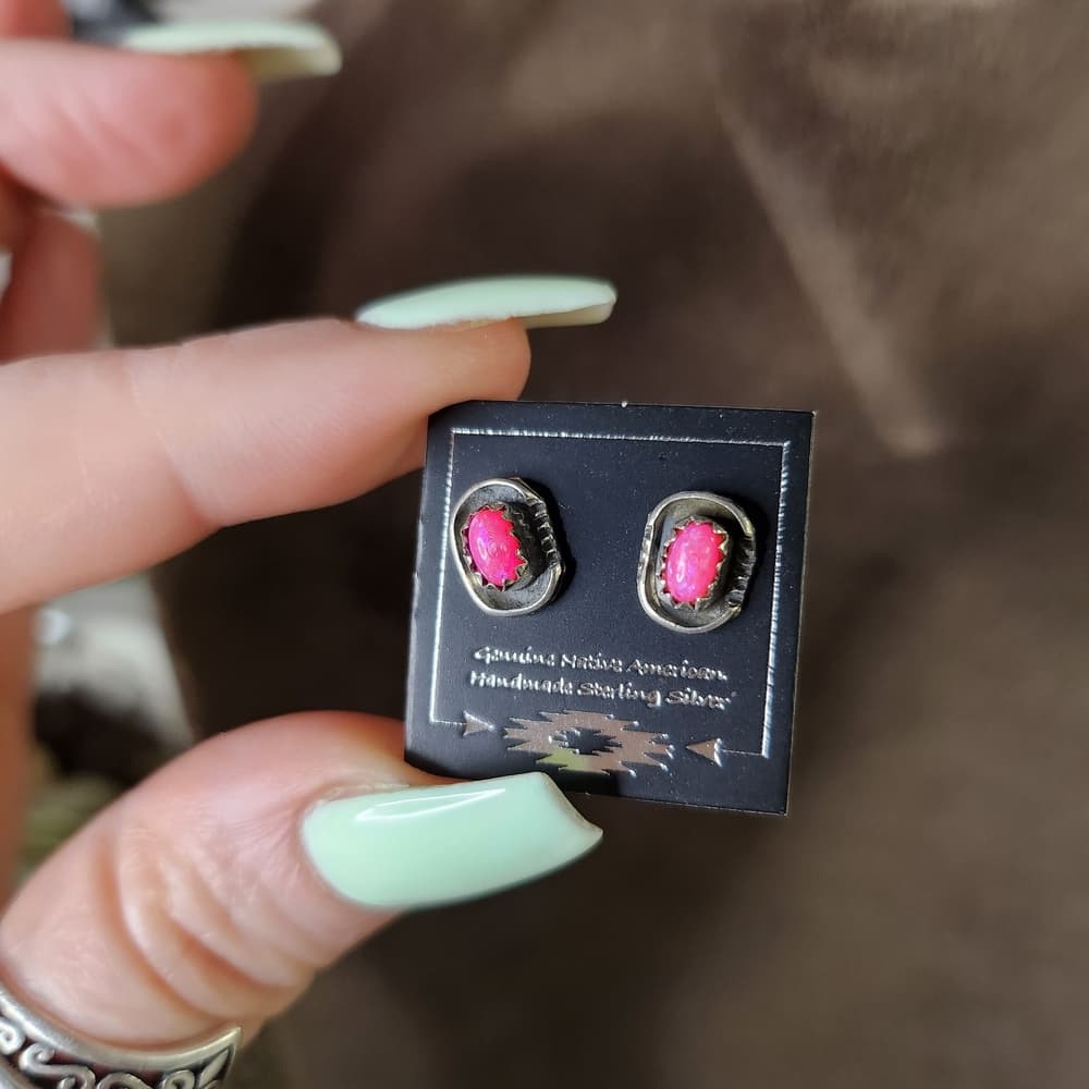 Sterling Silver Pink Aurora Opal Stud Earrings | Native | Handmade Southwestern - Thumbnail 3