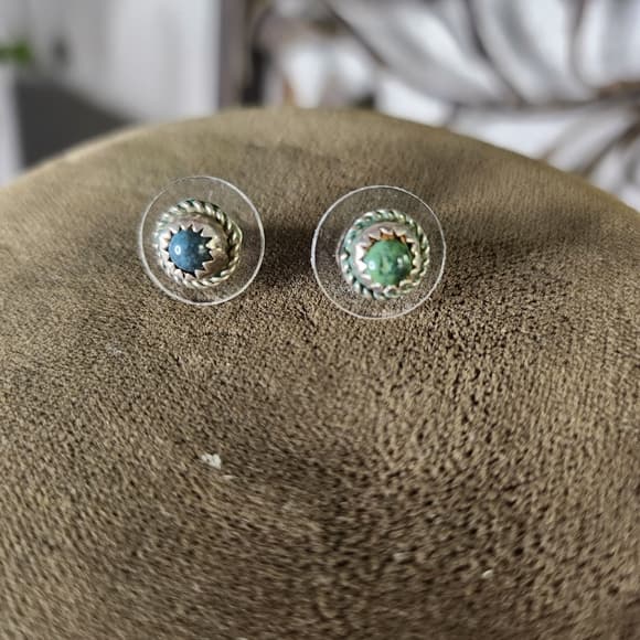 Vintage Sterling Silver Turquoise Green Blue Southwestern Rope Stud Earrings - Thumbnail 11